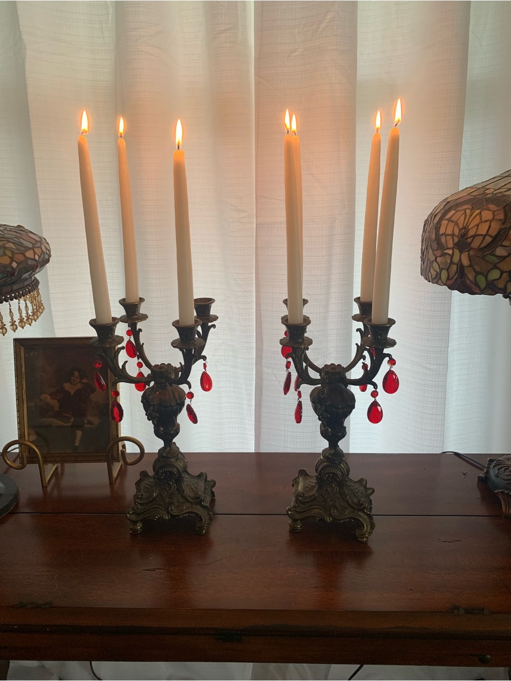Antique-Style Ornate Brass Candelabra Pair with Red Crystal Drops